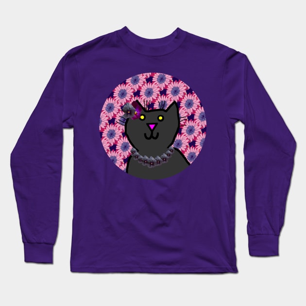 Violet Floral Cat Portrait Long Sleeve T-Shirt by ellenhenryart